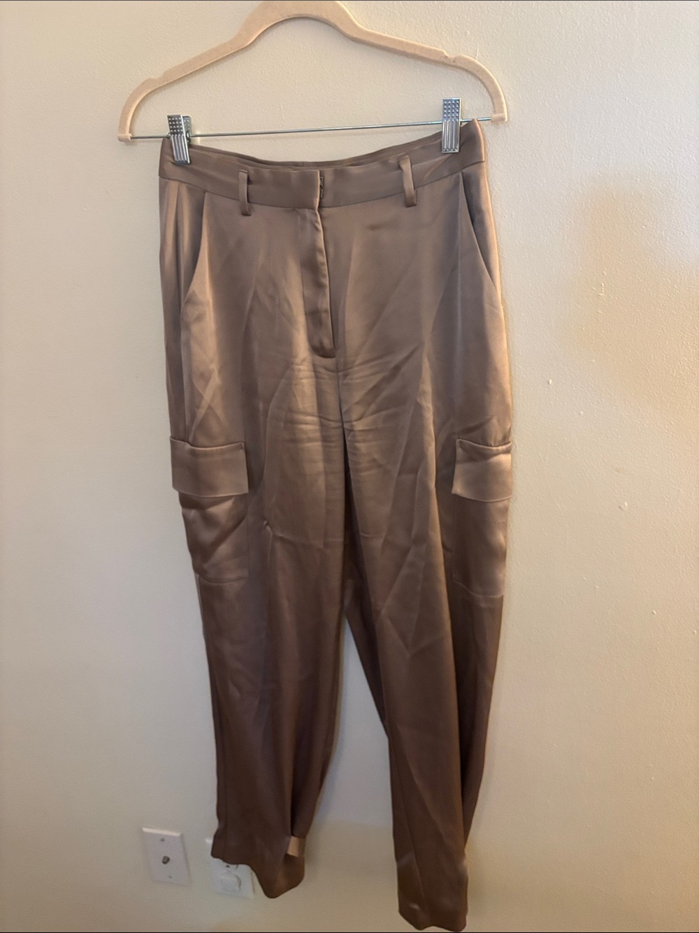 Aritzia Satin Cargo Trousers in Taupe 4
